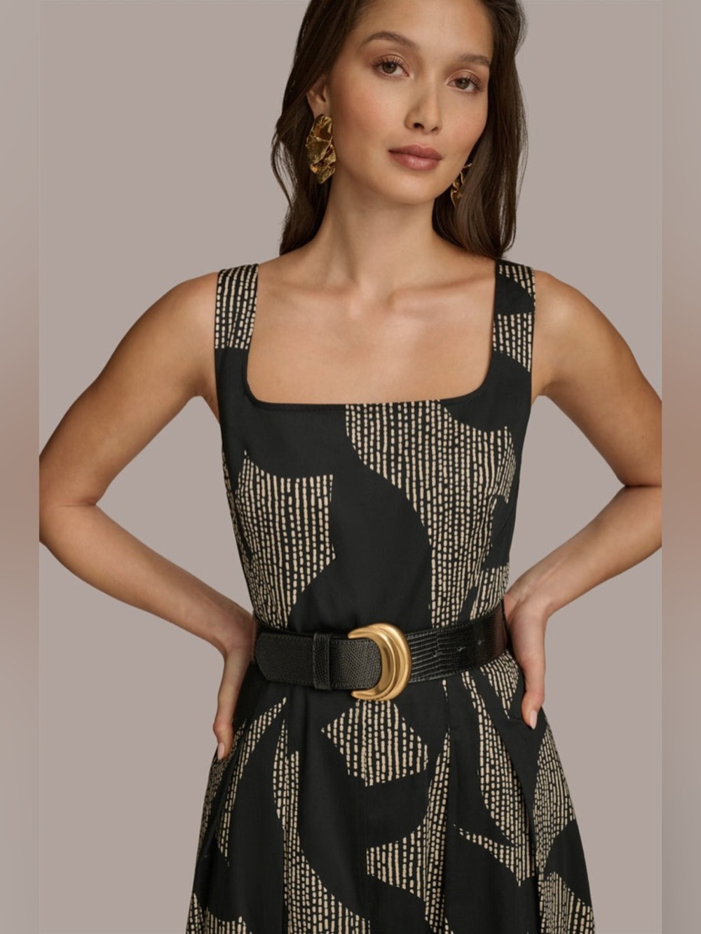 Donna Karan New York Cotton Sleeveless Belted Midi Dress Size 8 Black Tan - Picture 4 of 16